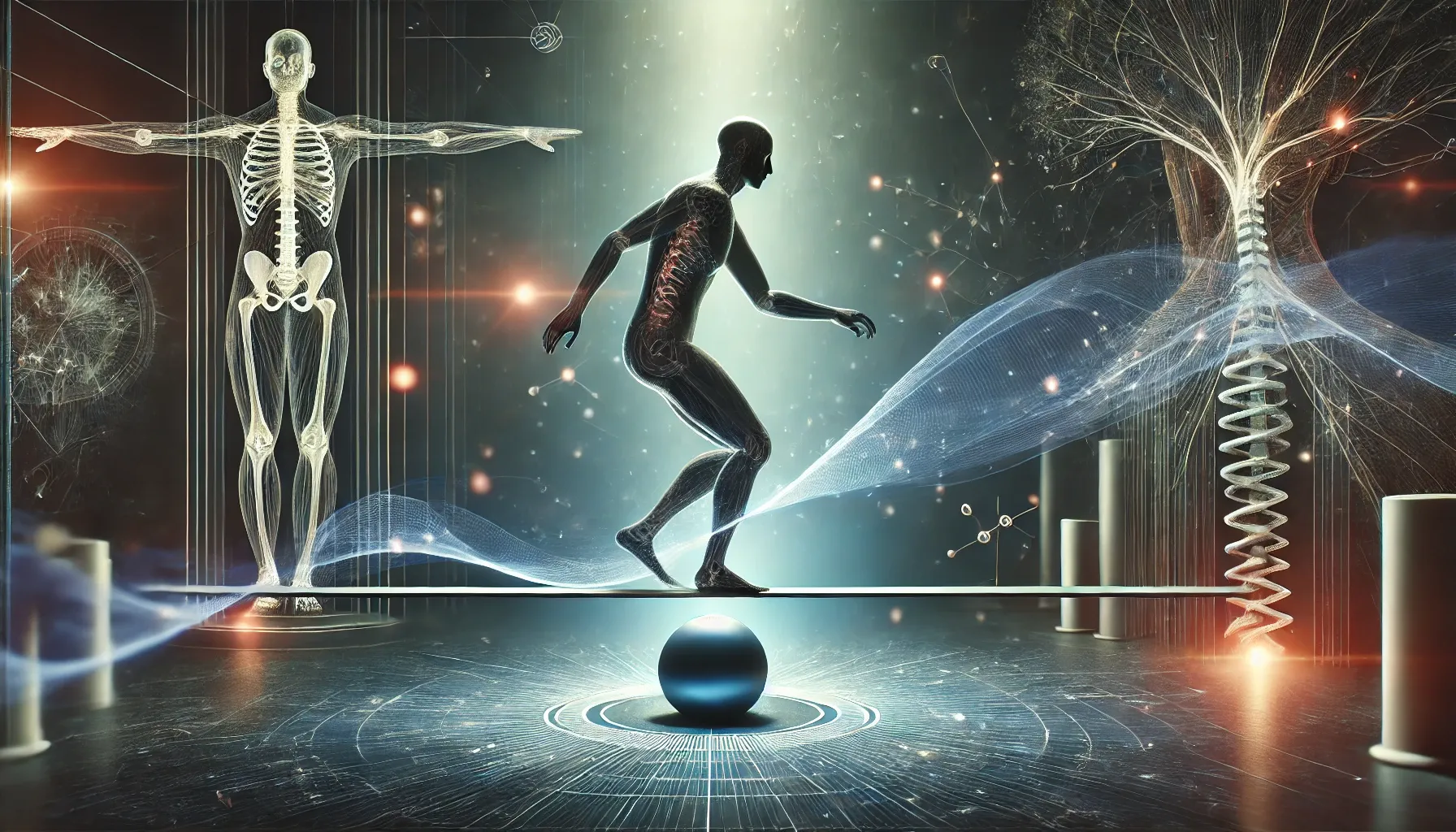 A visually striking, abstract yet realistic depiction of balance rehabilitation.